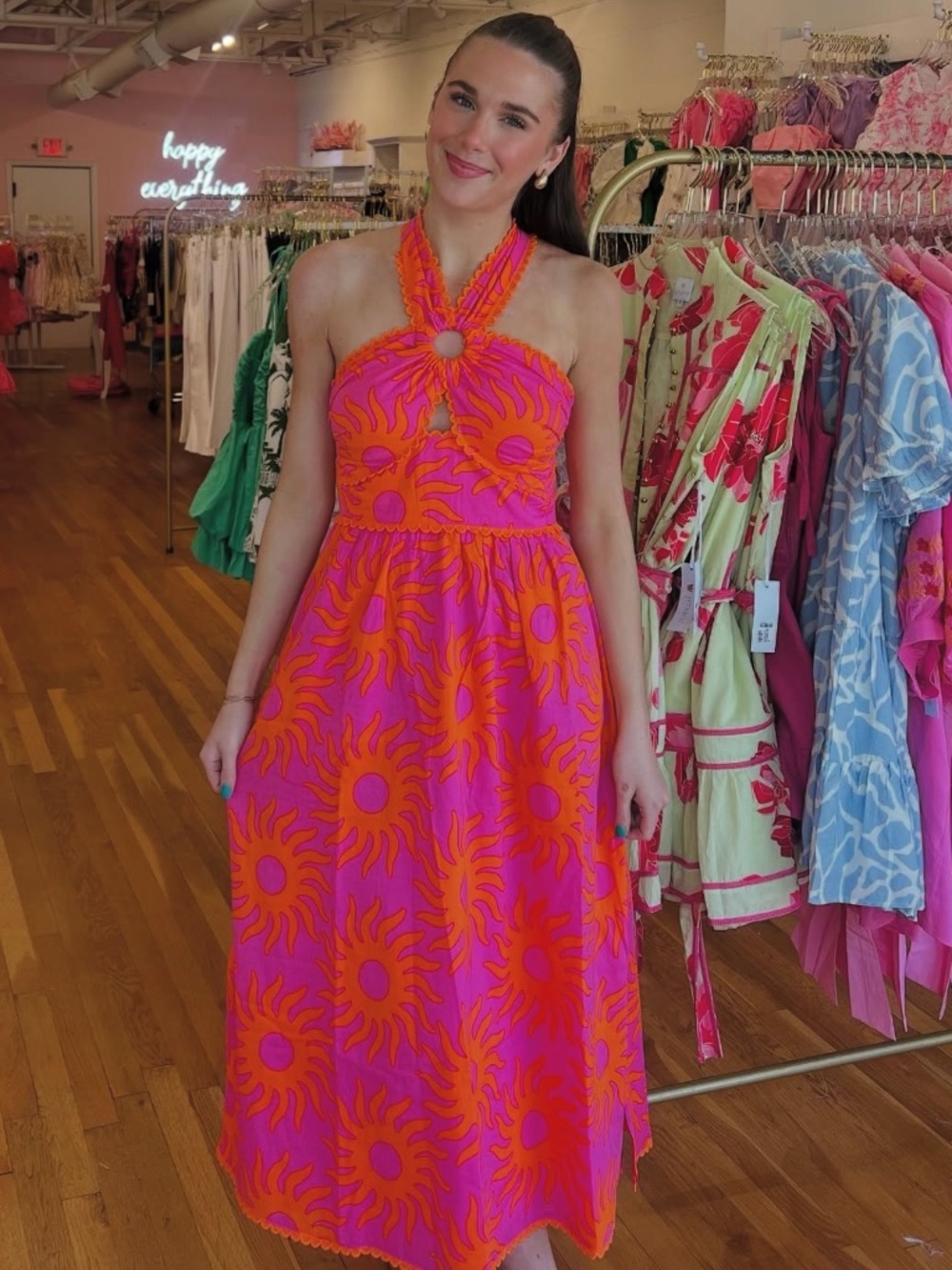 NWT J.Marie Mara Ric Rac Halter Midi Dress Pink Orange Sun Print Sz S - Picture 8 of 8